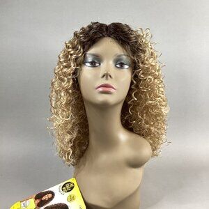 Damaris Curly #DR4/Tiramisu Dark Brown Blonde Premium Synthetic Lace Part Wig
